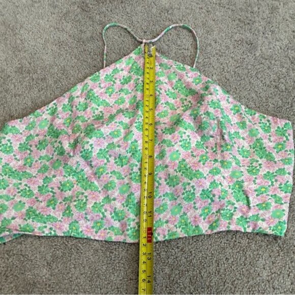 Zara pink green floral flower print halter crop top open back lace up L Summer - Picture 8 of 10